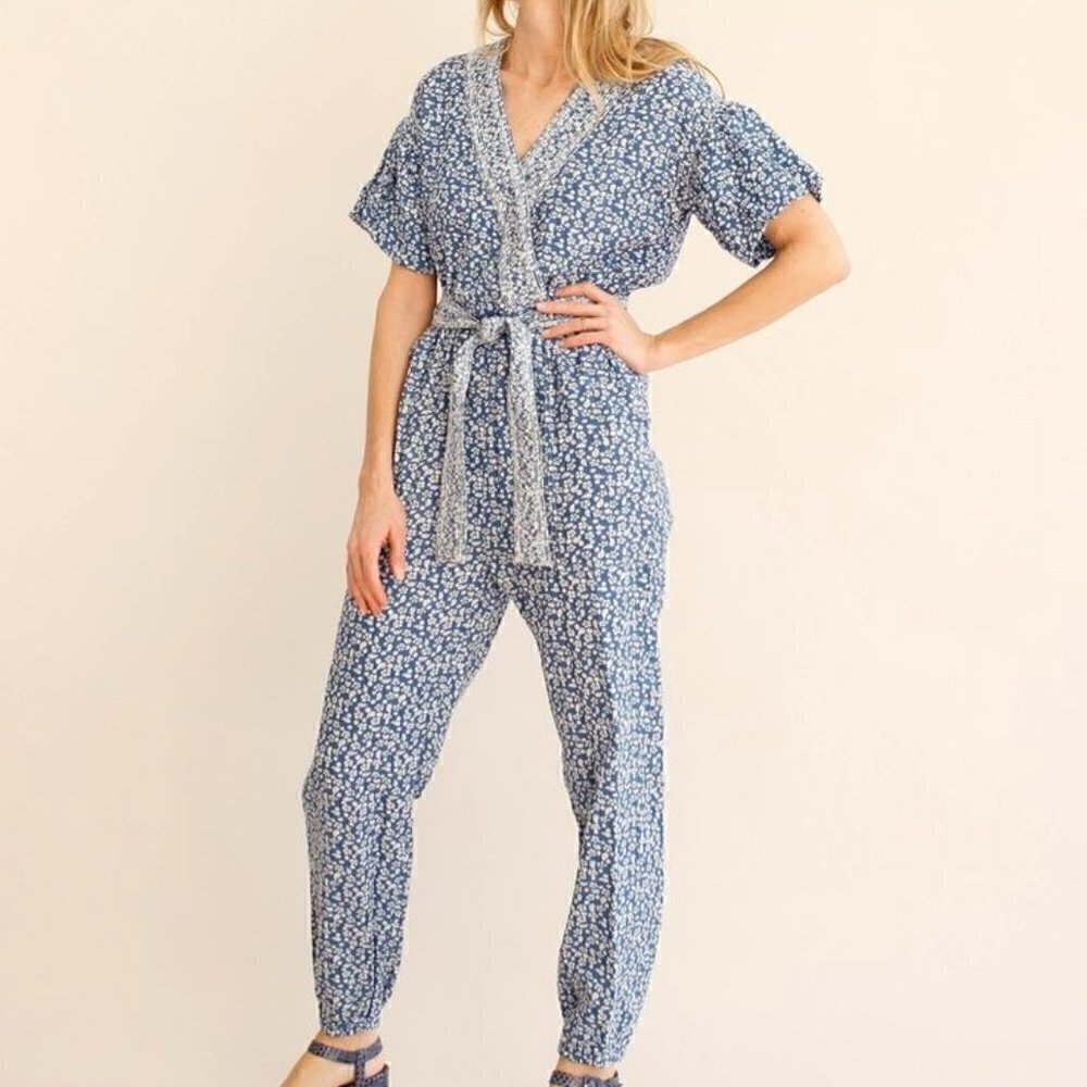 Ulla Johnson Reiko Blue Floral Patchwork Shibori Cotton Belted Jumpsuit US 0 